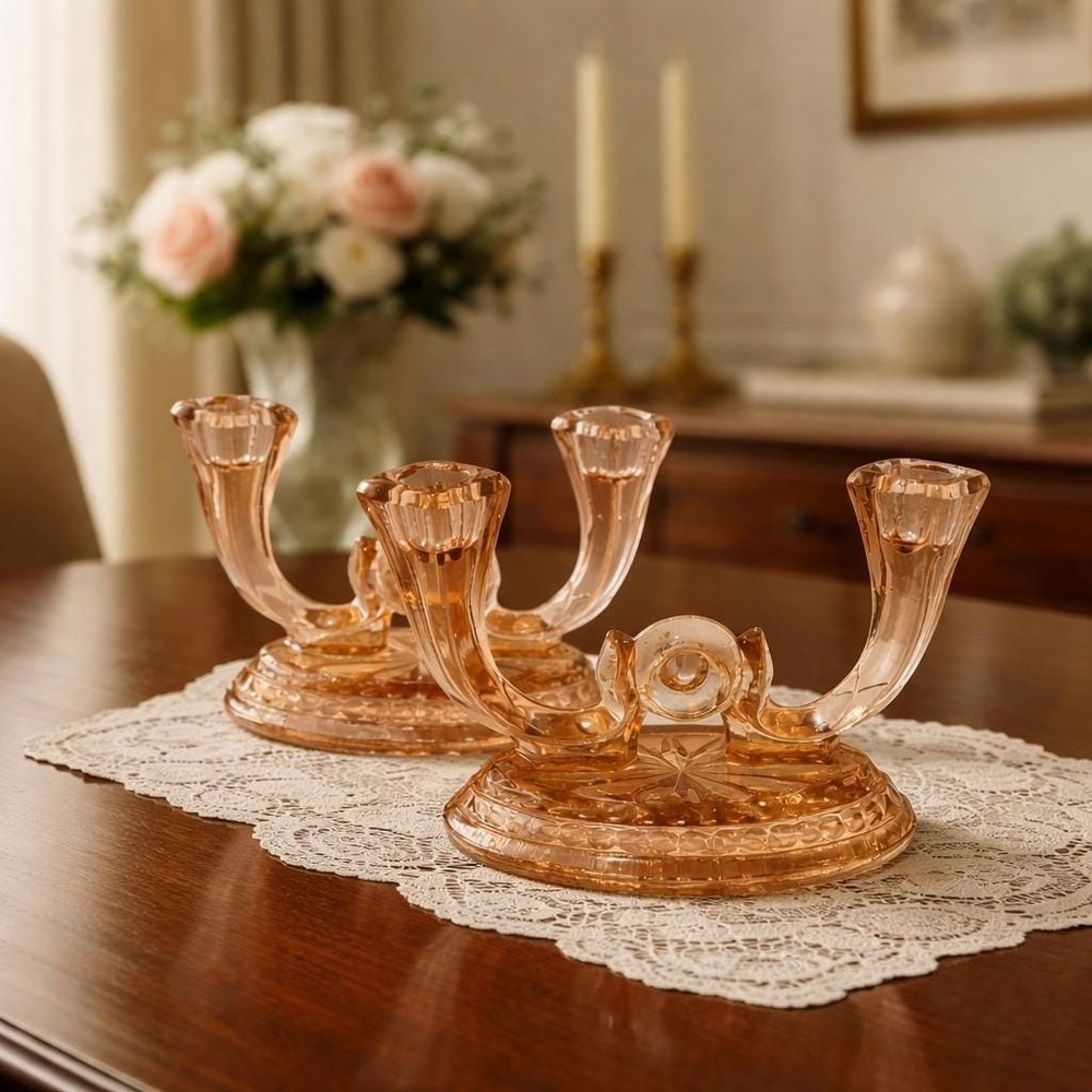 Vintage Peach Depression Glass Double Candlesticks Pair Pink Pressed Glass